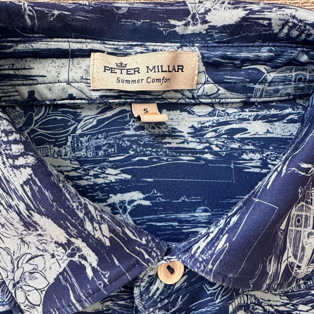 Peter Millar Summer Comfort magnolia,cypress trees, camper print Polo Blue Small